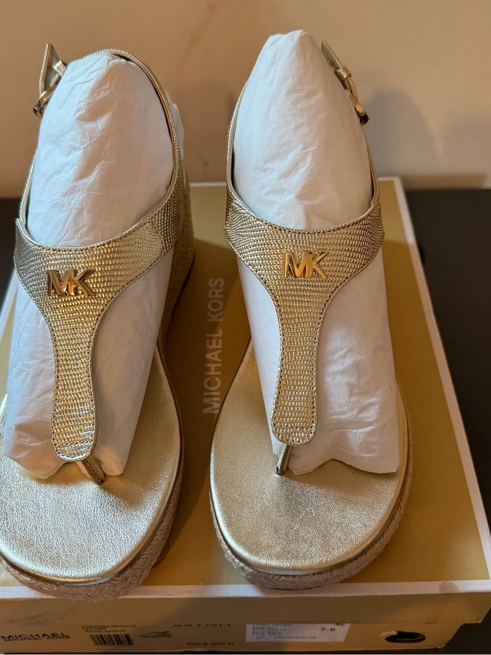 Michael Kors Pale Gold Wedge Espadrille Thong Sandals